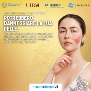 Grafica su sfondo dorato raffigurante il volto di una donna con una visibile irritazione cutanea rossa sulla guancia.