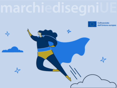 Banner del Fondo PMI EUIPO. Disegno di una donna super eroina che vola con mantello. Logo "Cofinanziato dall'unione europea"