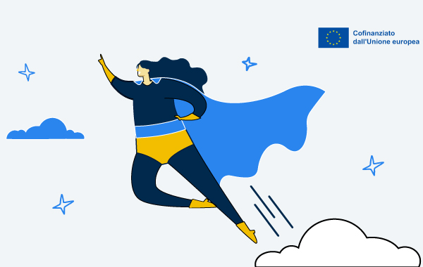 Banner del Fondo PMI EUIPO. Disegno di una donna super eroina che vola con mantello. Logo "Cofinanziato dall'unione europea"