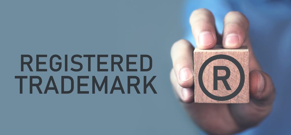 Mano maschile che mostra il marchio registrato r sul cubo di legno.