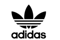 adidas, trifoglio stilizzato nero con tre strisce posto sopra la scritta in minuscolo